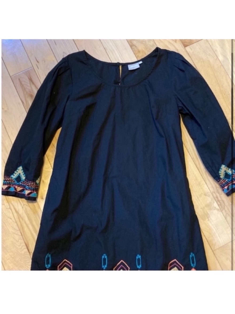 eShakti Black cotton dress colorful embroidery w tassel fringe hem size medium - Picture 2 of 10